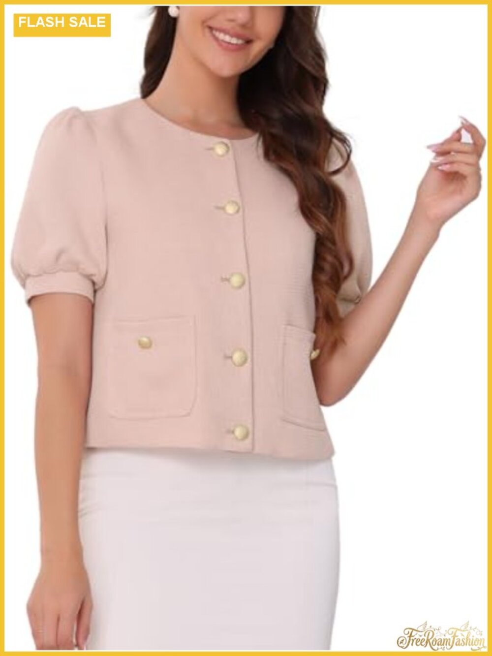Cropped Tweed Jacket Puff Short Sleeve Crew Neck Office Work Blazer
